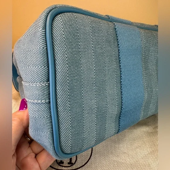 Hermes Valparaiso PM Bag Blue Chevron Canvas Blue Leather, Pouch, Dustbag COA - Picture 11 of 17